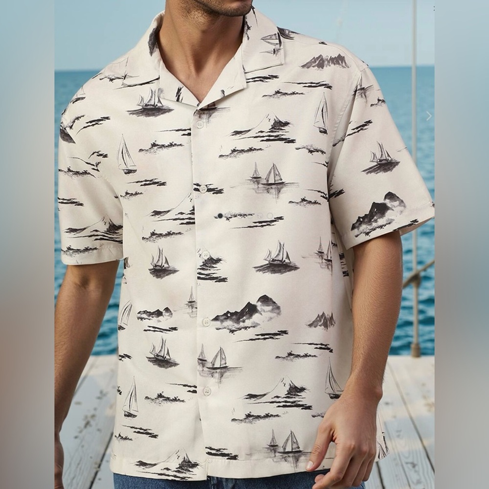 Men's Short Sleeve Printed Button-Up Shirt - Nautical Print, Cream